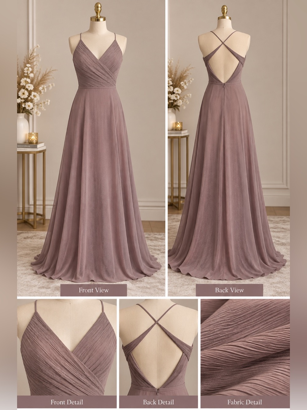 Mauve V-Neck Chiffon A-Line Dress with Crisscross Back